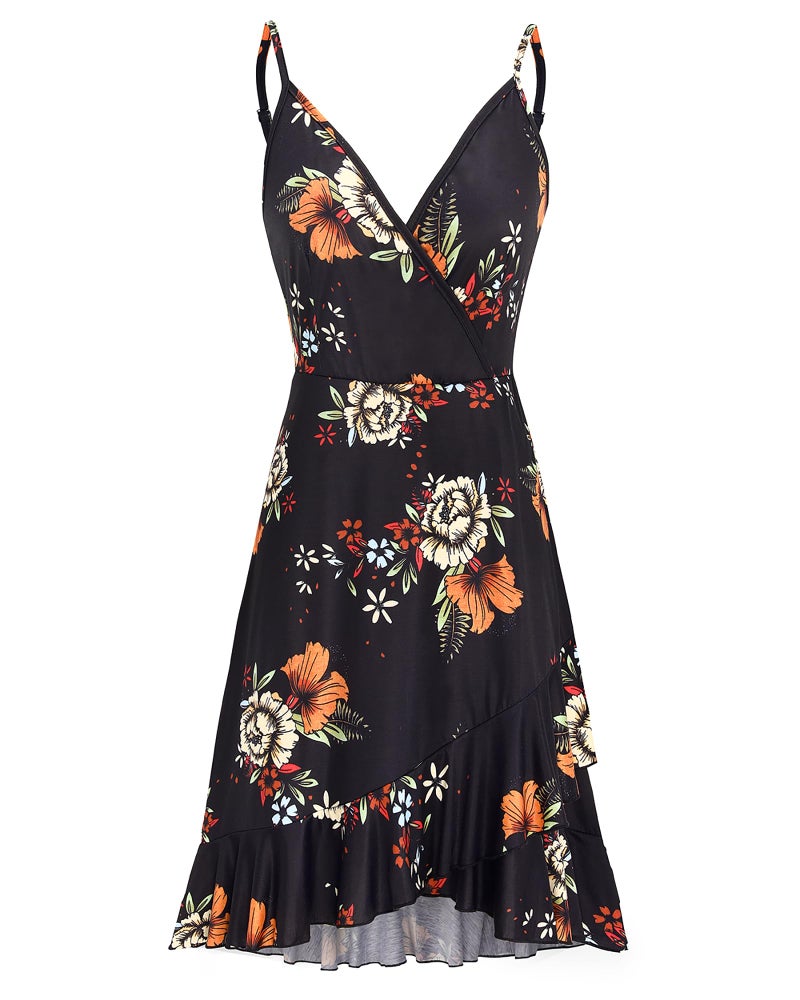 ULTRANICE Summer Dresses Womens Sun Dress Trendy Casual Spring Floral Flowy Semi Formal Midi Beach Vacation Outfits Clothes Ruffle Hem V Neck Spaghetti Strap Dress(Black Orange White Floral,M) - Image 5
